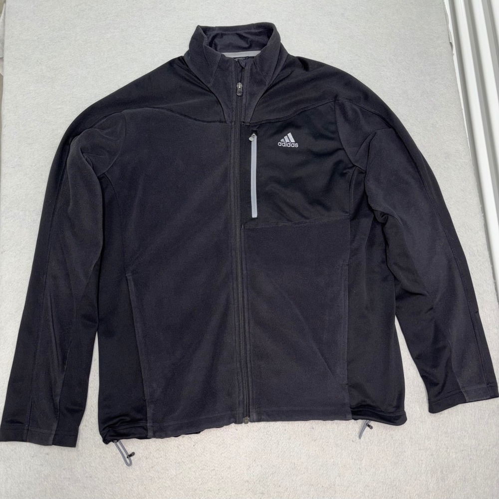 Adidas Fleece‎ Jacket Mens XL Black Full Zip Chest Pocket Inner Pockets Drawcord